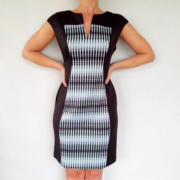 Connected Apparel black blue abstract dot stretch bodycon cap sleeve dress 6P - Picture 1 of 11